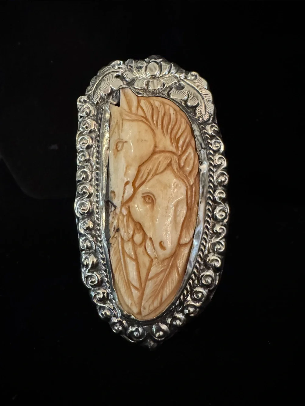 Hand-Carved Horse cuff bracelet in Ivory and Silver-Tone